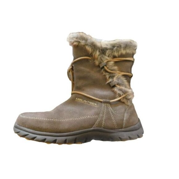 Mountrek Shoes - Mountrek Size 6.5M Taupe Mid Height Faux Fur Lace Around Boots W/Box